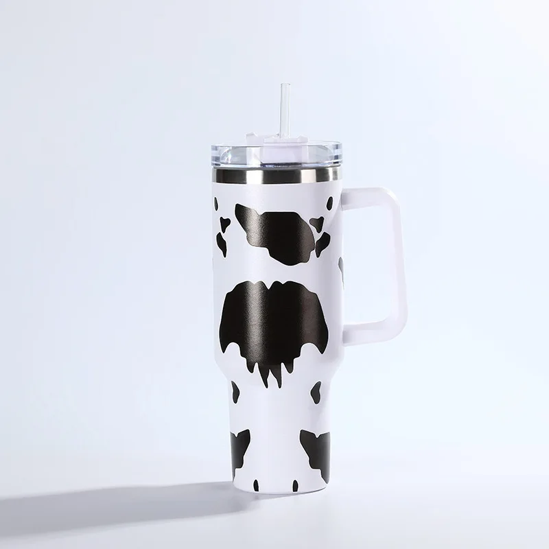 Cow Print 40oz Mug Insulated Stainless Steel Tumbler Reusable Home Office Coffee Bottle With Handle Straw Creative Gift