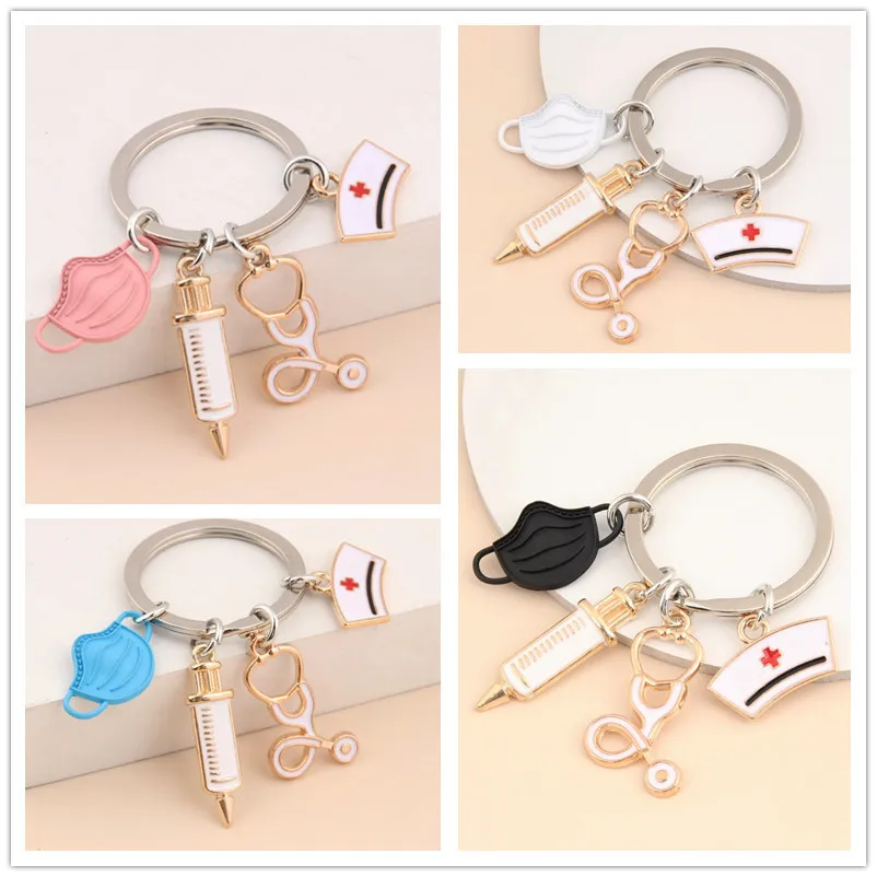 Wholesale Nurse Doctor Mask Keychain Medical Ambulance Personnel Keyring Syringe Stethoscope Pendant Keychain