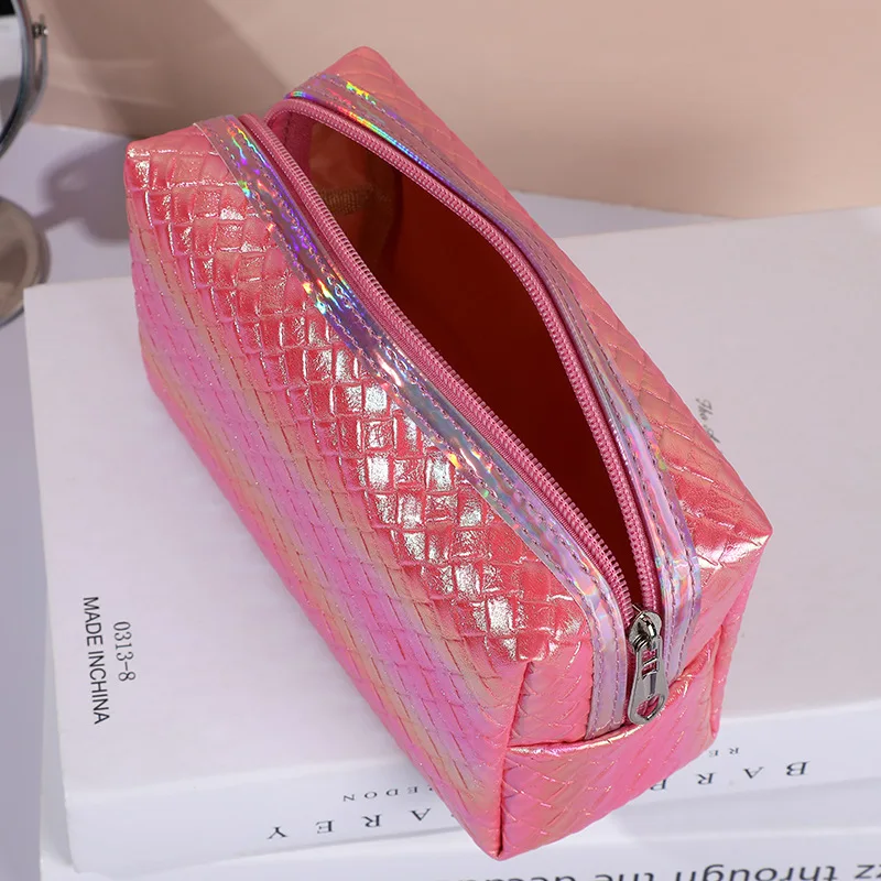 New Laser Square Color Woven Pattern Pu Leather Women Travel Cosmetic Storage Travel Toiletry Zipper Makeup Brush Bag Ladies