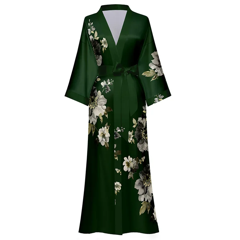 women luxury  satin night- robe dressing gown  with printed flowers