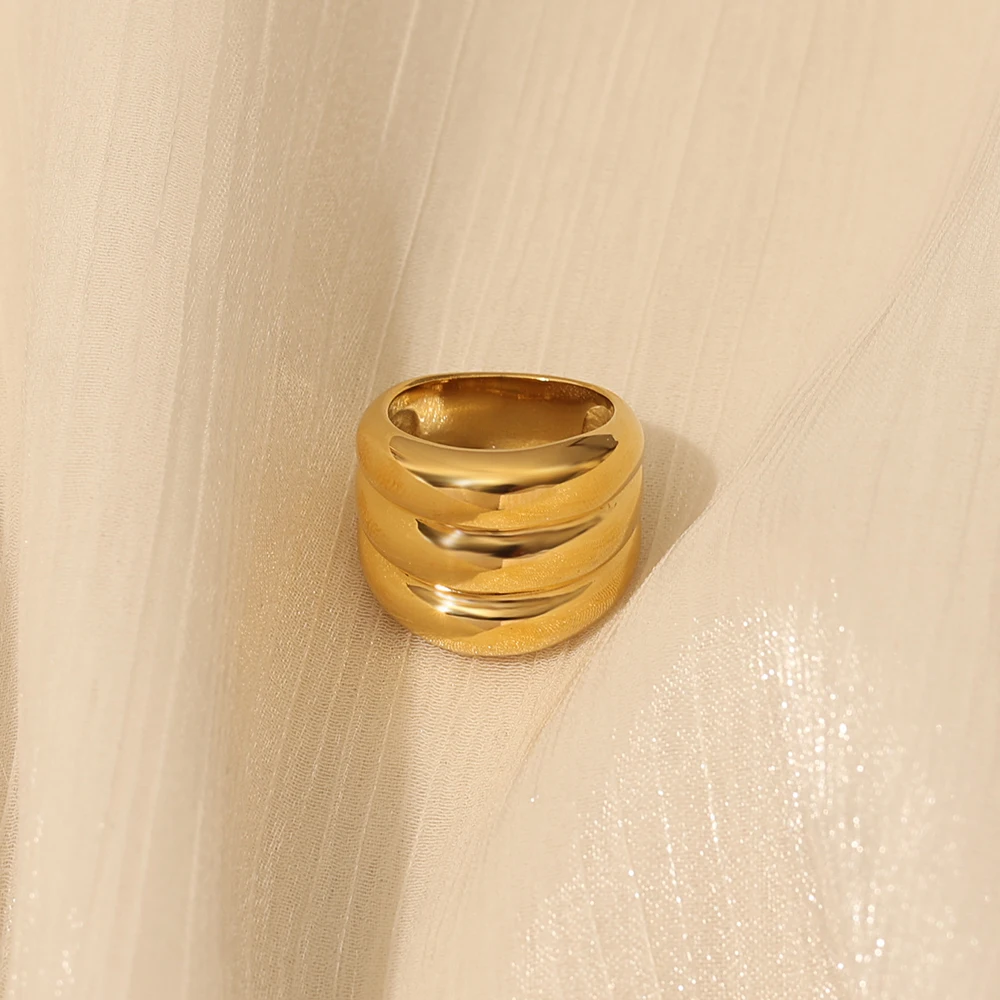 New Trend 2023 Simple Design Hypoallergenic Stainless Steel 18k Solid Gold Plated Triple Layer Cuff Chunky Rings