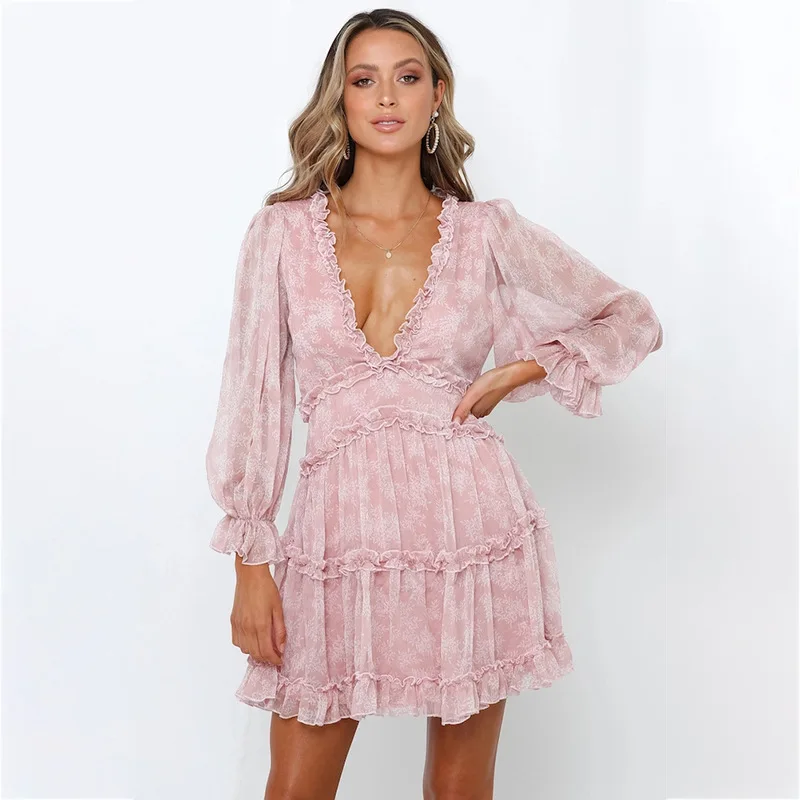 
American Style Fashion Lantern Sleeve Deep V-neck Dresses Women Floral Printed Cake Chiffon Dress For 2021 Summer 
