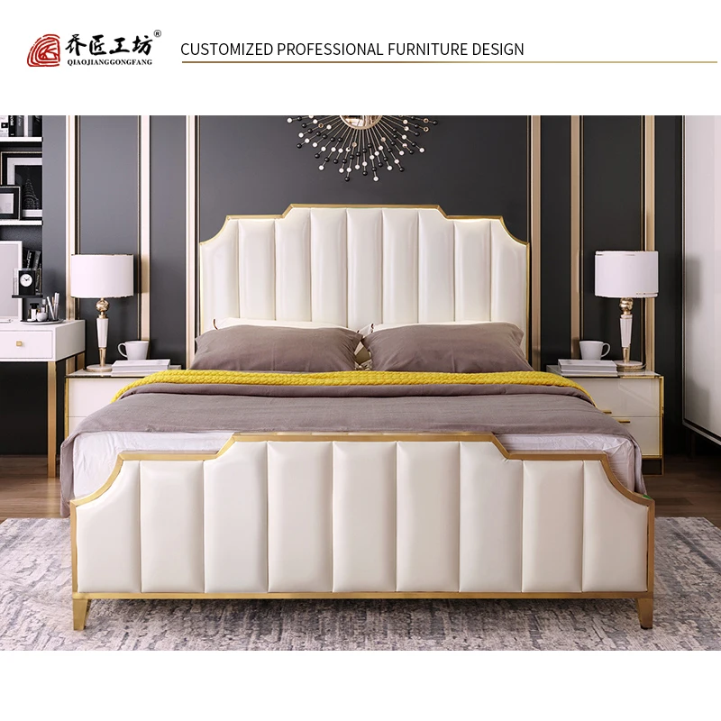 Comfortable Bedroom Furniture Luxury Bed italian Modern Leather Bed Metal Leg Double King Size Bed With High Headboard