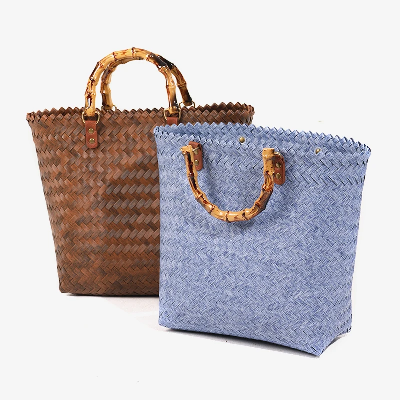 Bamboo Shape Handle PP Straw Woven Bag Girls Trendy Hand Bags For Woman Fashion Purses Big Capacity Shopping Bags