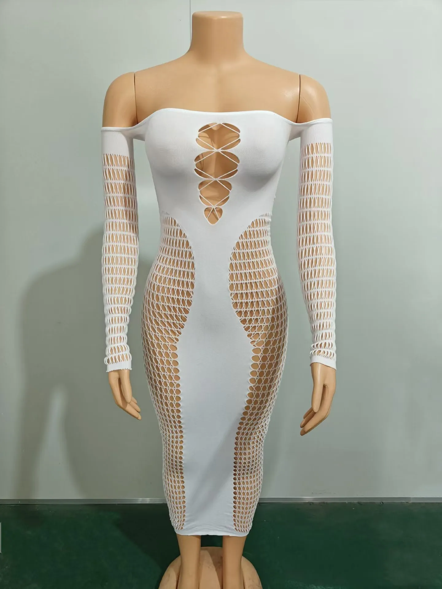 Women Hollow One Piece Beach Cover Up Long Skirt Swimwear Dress Crochet Knitted Side Split Beach Dress