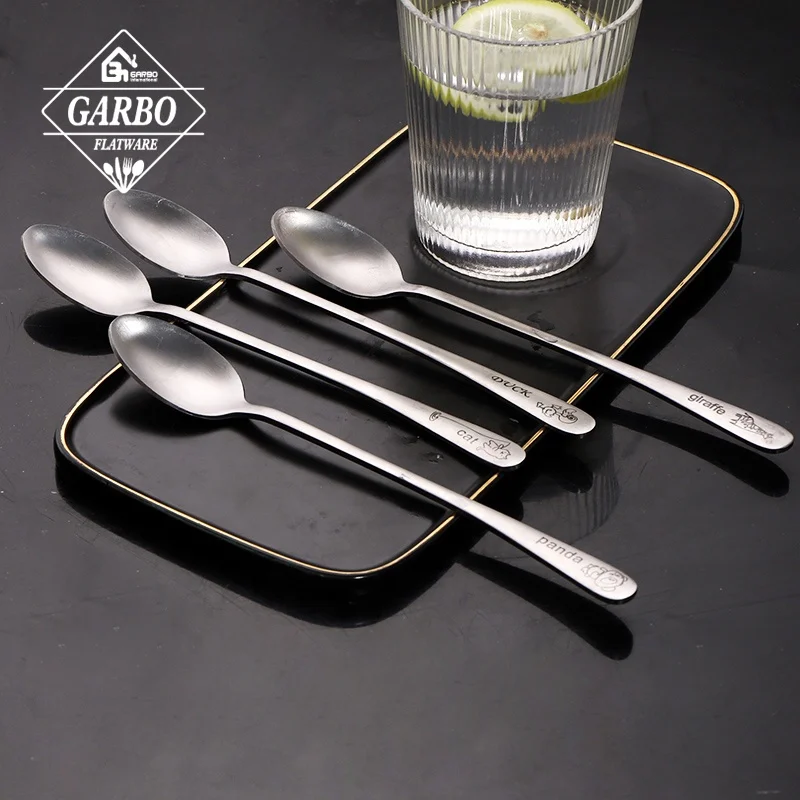 Cheap Price Restaurant Coffee Shop Hand Polished Customized Laser Logo Long Handle 7.5 Inch Silver Ice Coffee Latte Spoon
