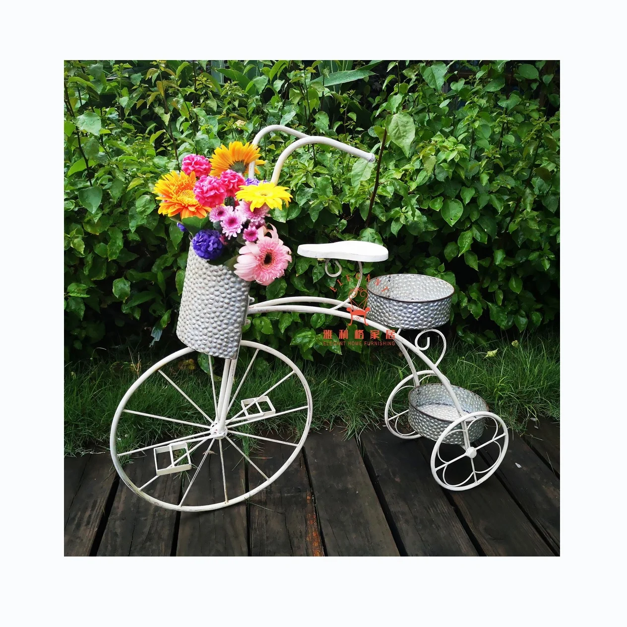 Vintage Wrought Iron Decorative Garden Bicycle Planters With Galvanized Flower Pot