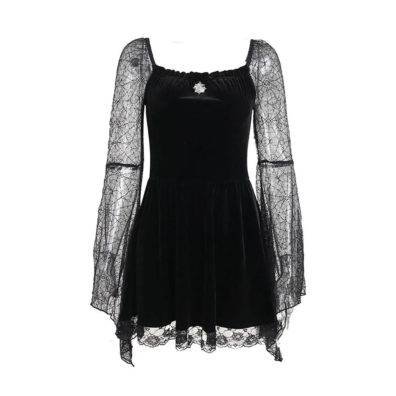 Black Goth Mall Lace Pattern Velvet Women Dress Sexy Elegant Party Club Robe Grunge Aesthetic E Girl Long Sleeve Dresses