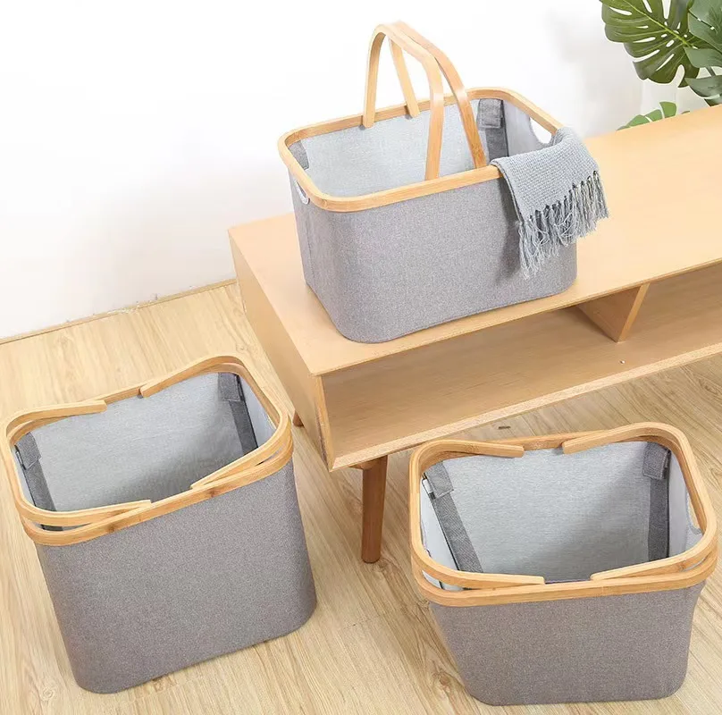 Wholesale household bamboo and wood fabric storage with handle foldable toy storage laundry basket