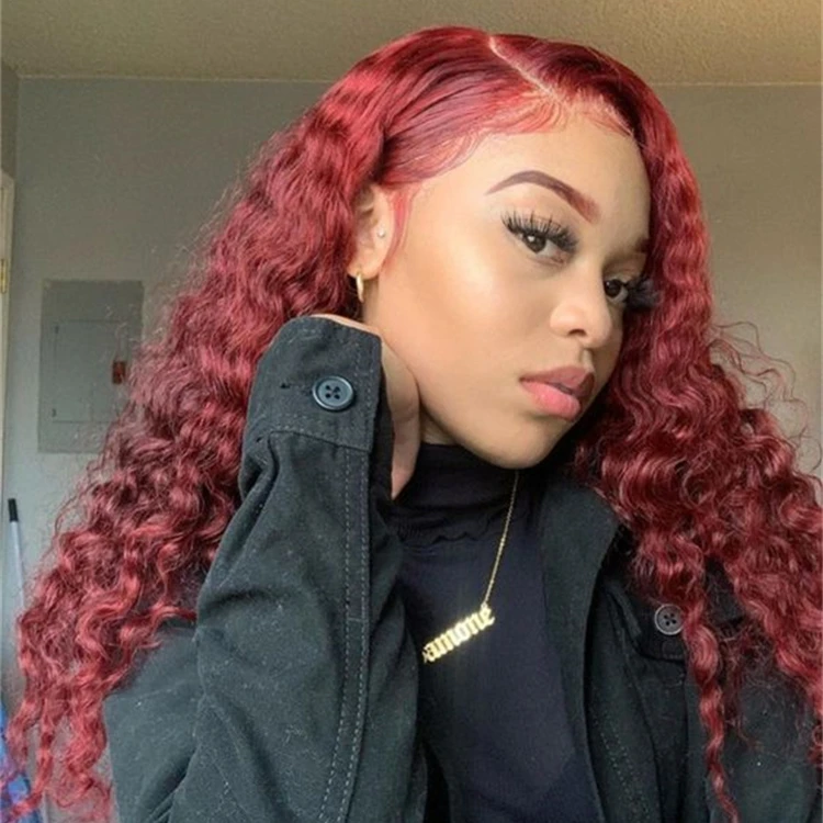 Transparent Lace Water Curly 13X4 Lace Front Wig 180% Density Red Burgundy Human Hair Wig 99J Color Wigs Human Hair Lace Front