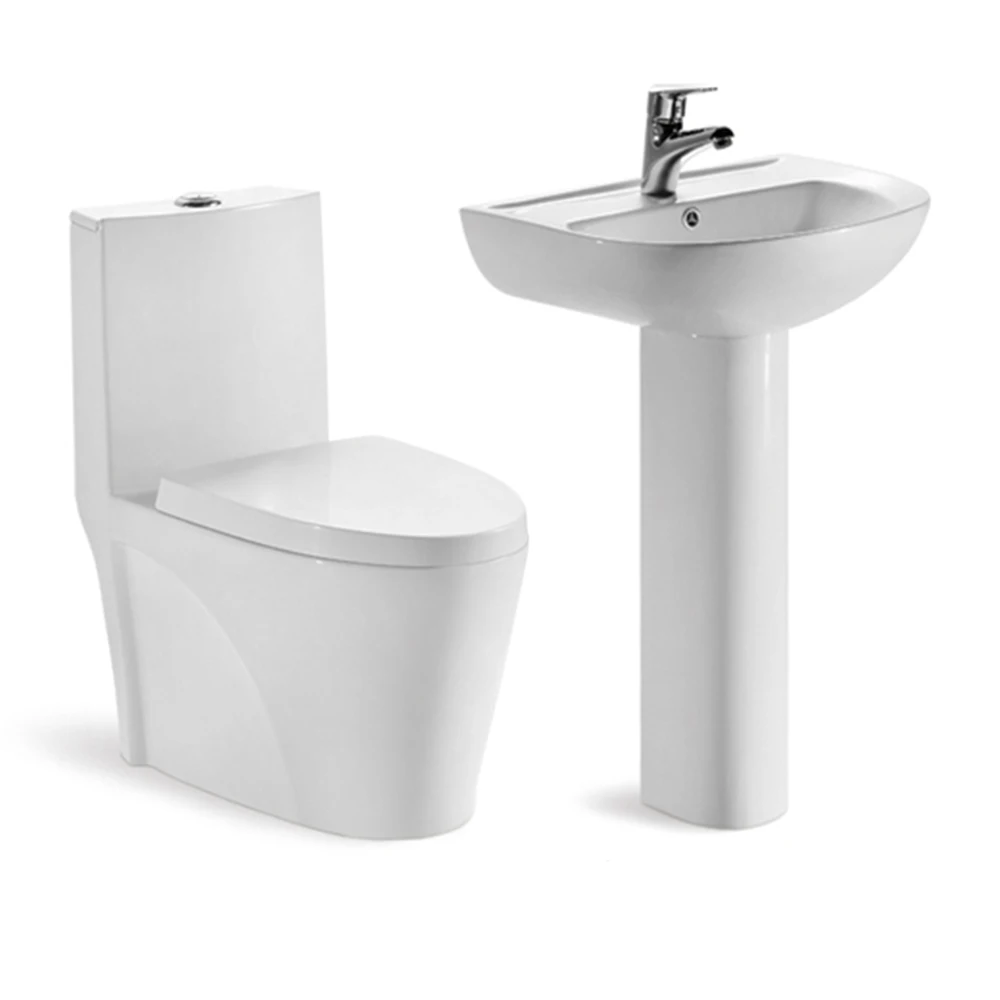 One Piece Toilet Floor Mounted Siphonic Wc and Pedestal Wash Hand Basin Bathroom Set