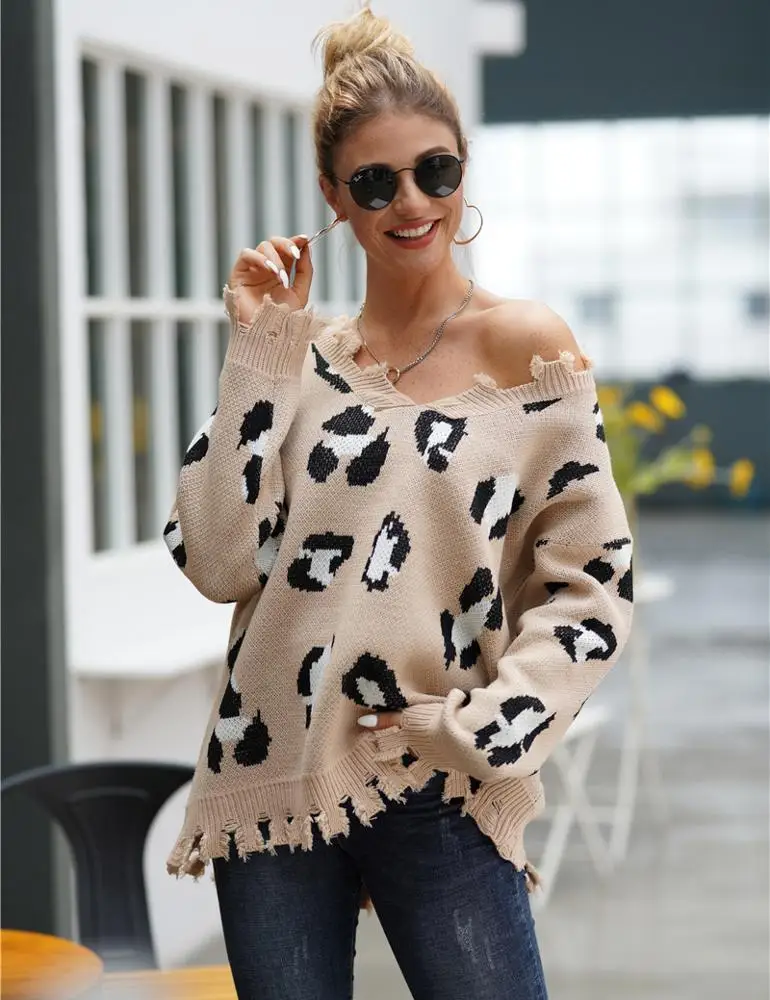 
Amazon Hot Sale Womens Sweater Leopard Long Sleeve Loose Large Size Leopard Knit Pullover Sweater 