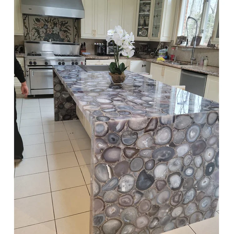 Natural Agate Kitchen Island White Onyx Translucent Wall Panel Glossy Agate Tile Luxury Home Decor