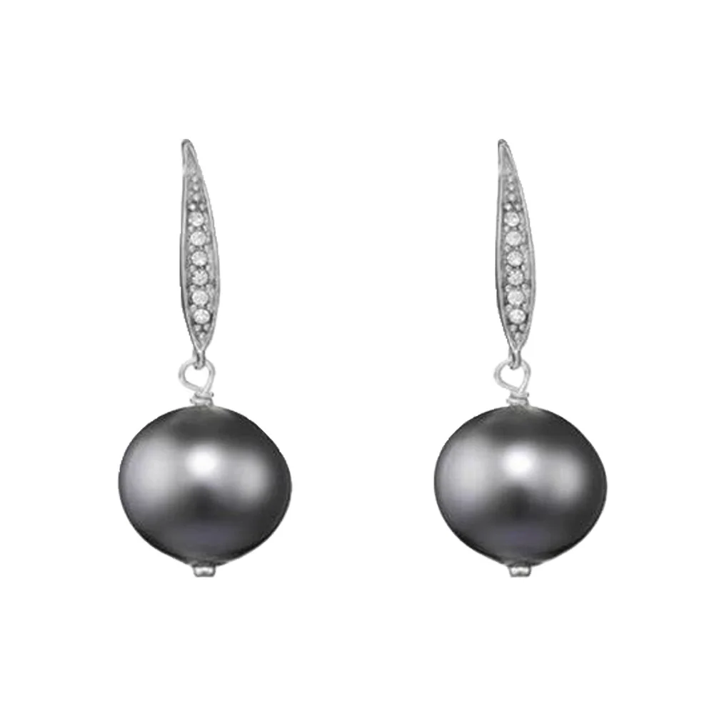 Best Anniversary Gift Pearl Jewelry For Elegant Women Leaf Shape With Dangle Black Shell Pearl Silver Earrings