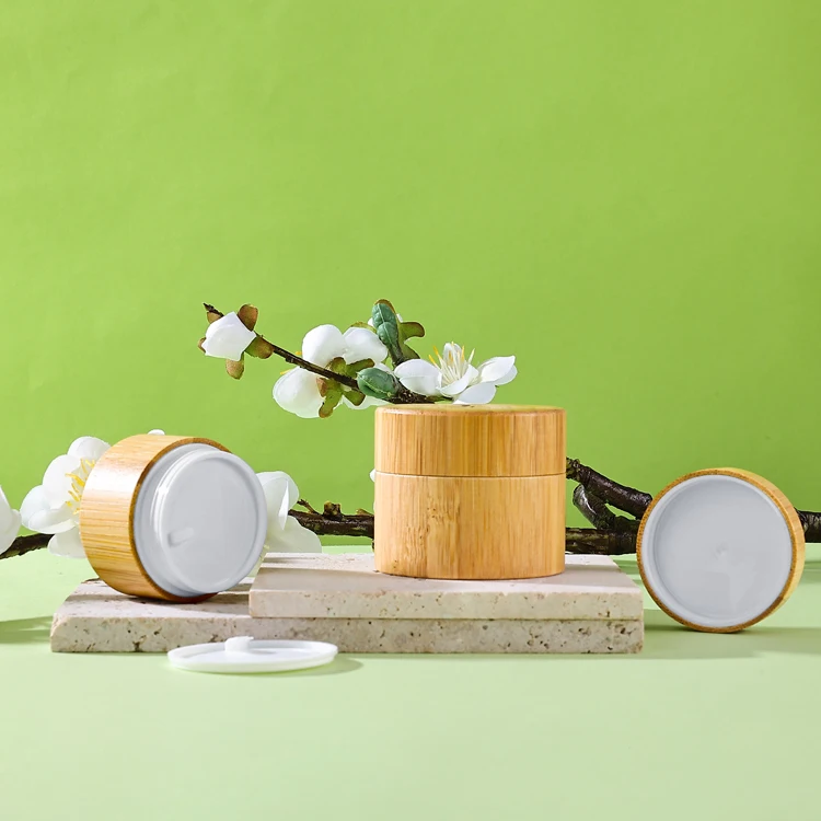 Eco friendly custom bamboo wooden skincare cream container 15 30 ml plastic inner cosmetic eye face cream jar with lid