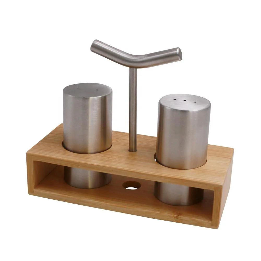 Bamboo holder with stainless steel salt and pepper jar