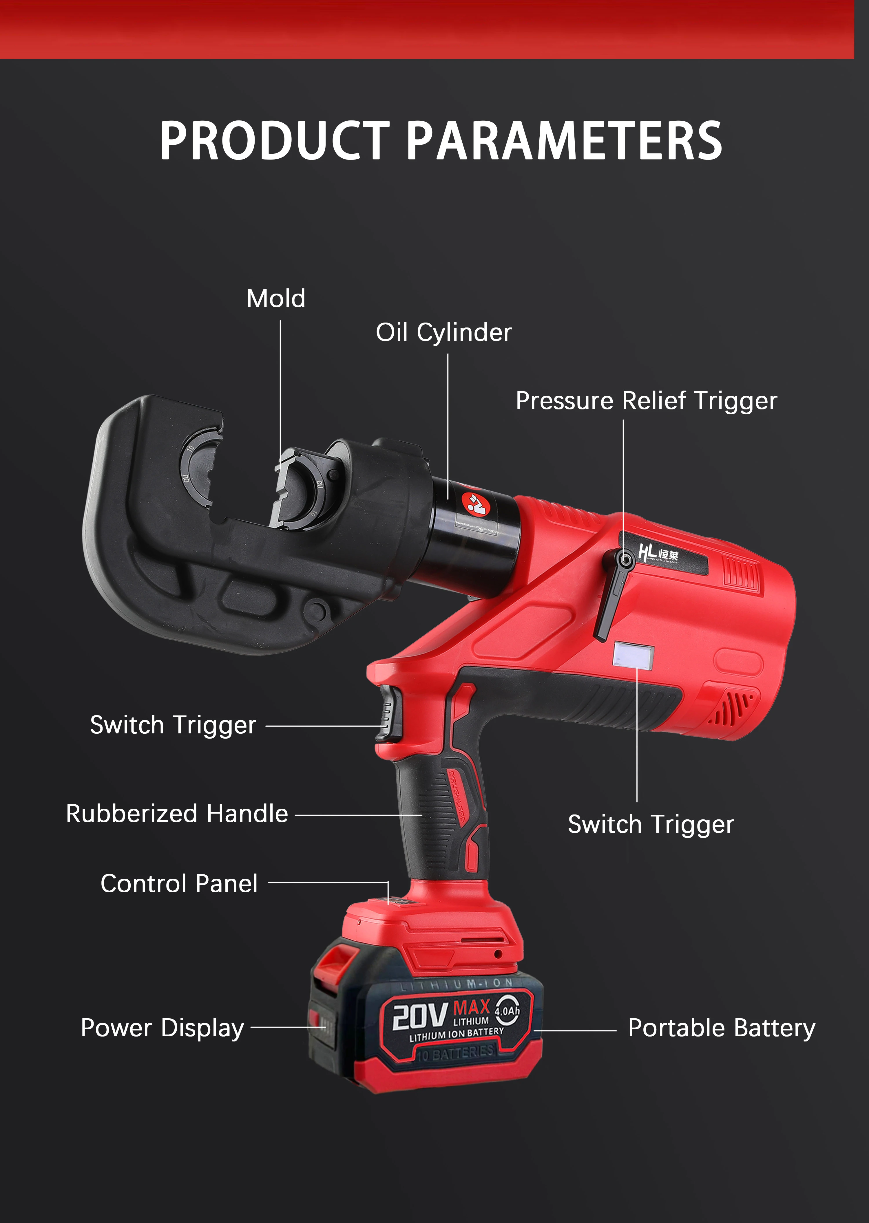 HL-YY09-400 700bar Battery Cu16-mm2 Hydraulic Cable Crimper Connector Copper Cordless Crimping Tool