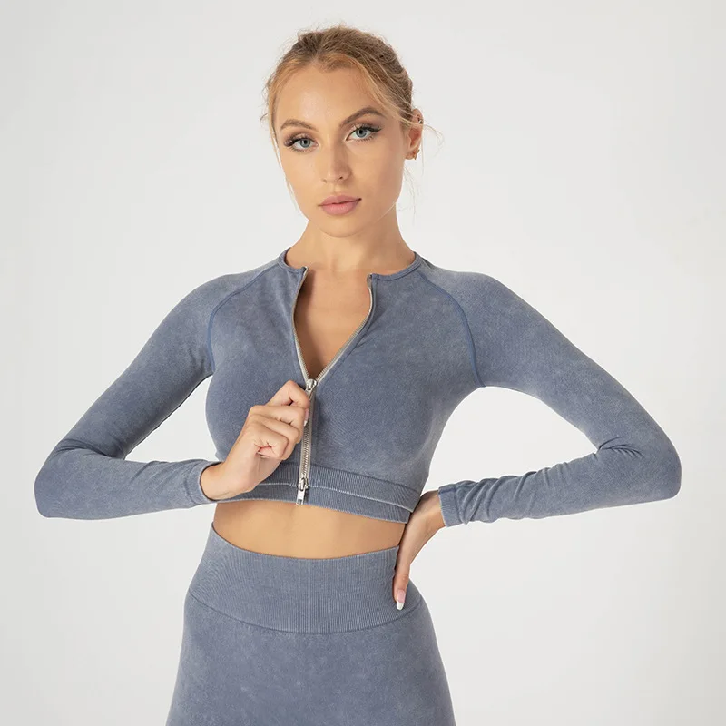 High quality stretchy training acid washing seamless yoga  outfits set Long sleeves women yoga Activewear