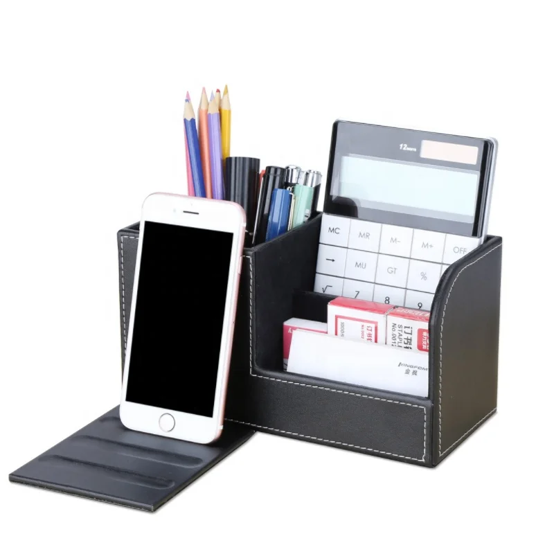 
Creative Leather Pen Holder Multi-function Business Desktop Mobile Phone Stationery Storage Box 