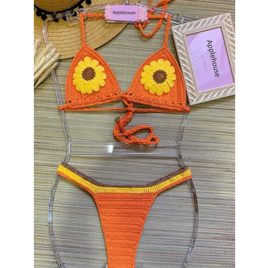 Women Crochet Bikini Sets Female Sexy Flower Swimsuit Adjustable Lace Up Top Swimwear Orange And Blue Color Boho Beachwear Swim