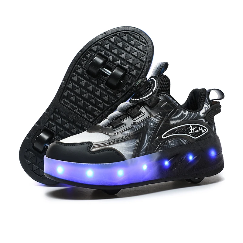USB Chargeable LED Light Up Roller Shoes Wheels Automatic Button Skate Sneaker Shoes for Boys Girls Kids Gift DB