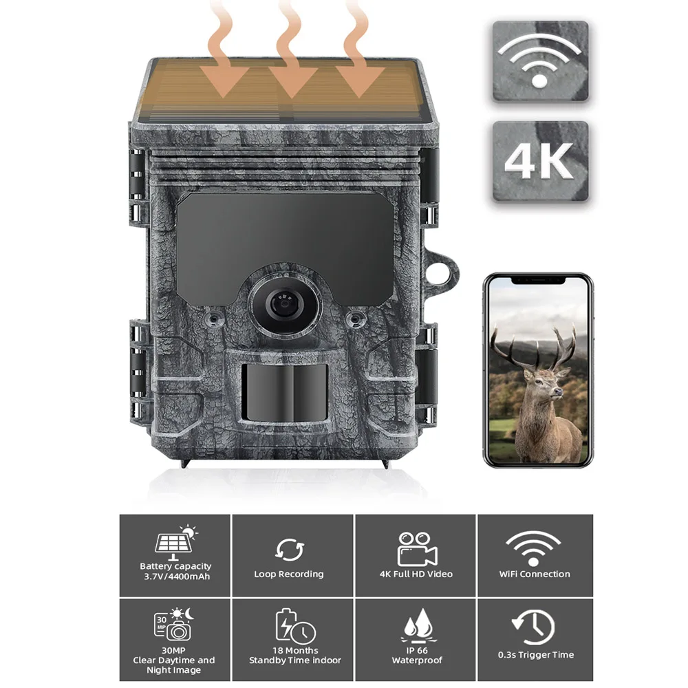 Powerful outdoor waterproof IP66 long range wildlife bluetooth app solar powered 4k hunting trail camera with app