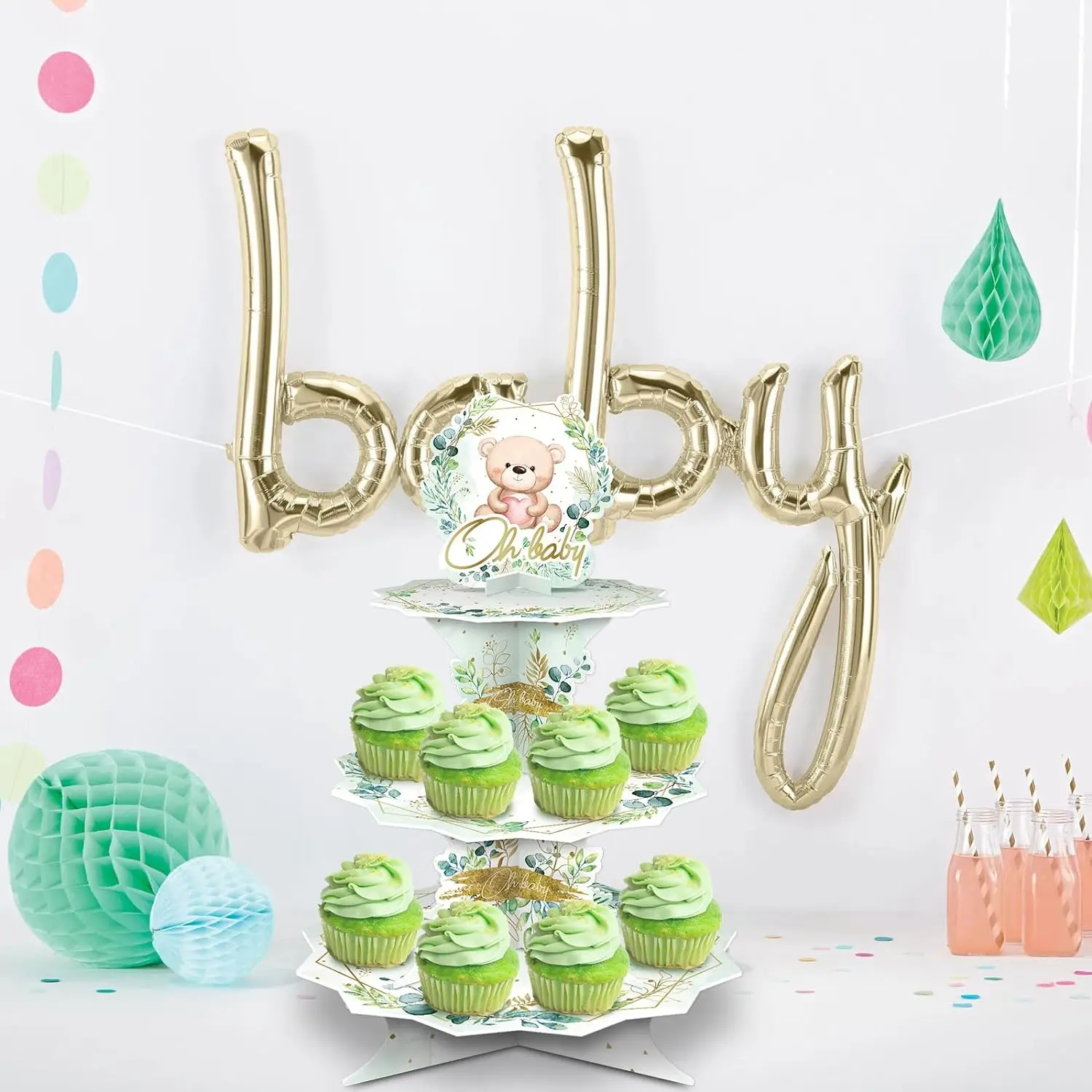 Greenery Eucalyptus Oh Baby Cupcake Stand Paper Cake Stand Birthday Party Supplies Baby Shower Table Decorates Dessert