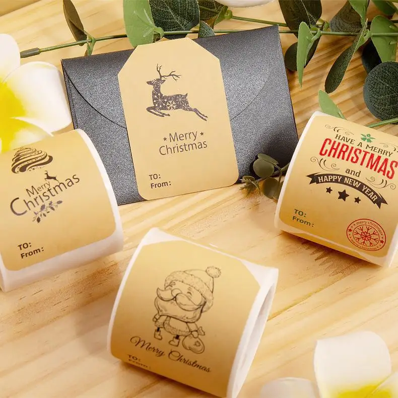 Wholesale Eco-friendly Waterproof Stickers Kraft Paper Christmas Gift Box Self-adhesive Label Decorative Stickers