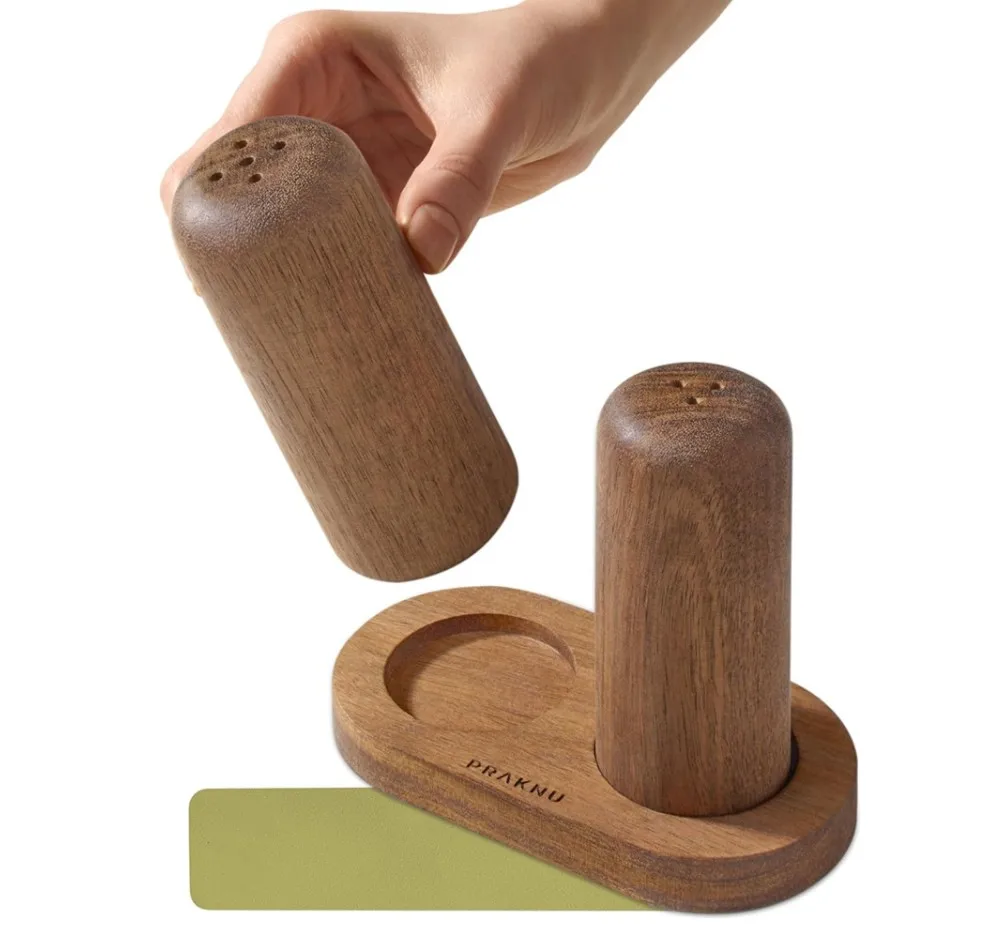 handmade natural acacia wood Salt and Pepper Shakers with saucer tray