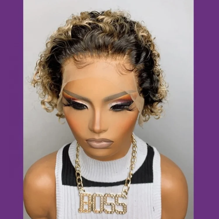 
Black to Honey Blonde 2T Ombre Short Curly Brazilian Cuticle Aligned Raw Hair Pixie Cut Lace Front Wigs for Black Women 