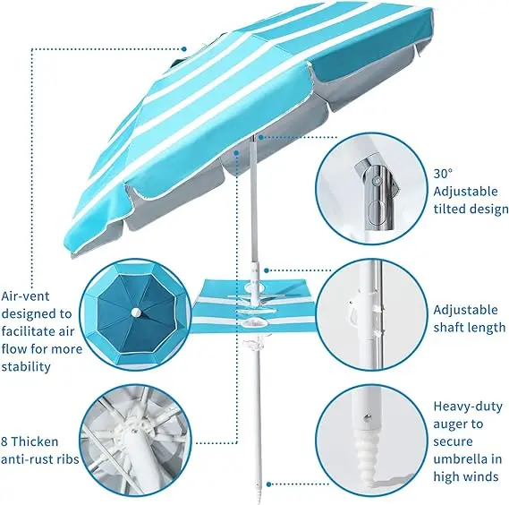 Custom Beach Umbrella Parasols with sand anchor , UV 50+ Protection Outdoor Sunshade Umbrella with Carry Bag for Patio Garden