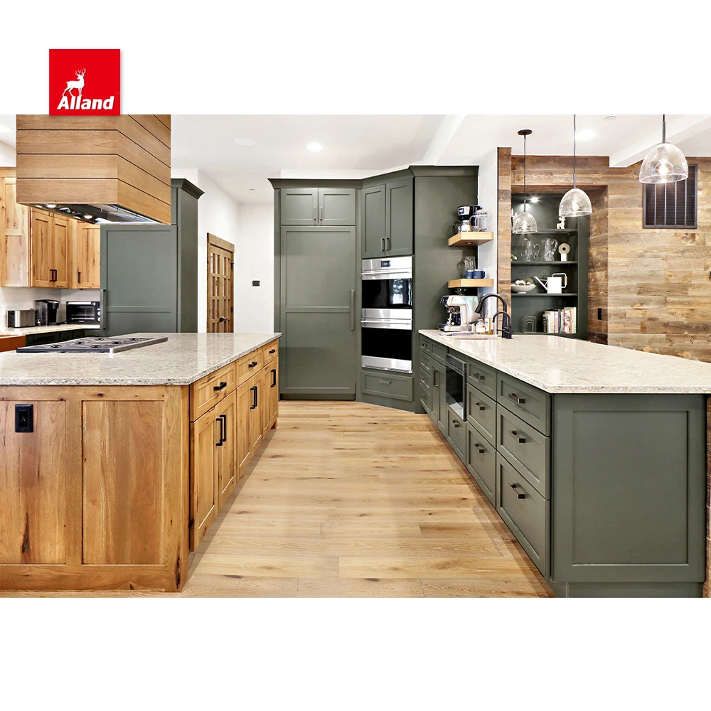 AllandCabinet Blue Painted and Brown Stained Oak Solid Wood U Shaped Shaker Style Kitchen Cabinet Two Tone with Island