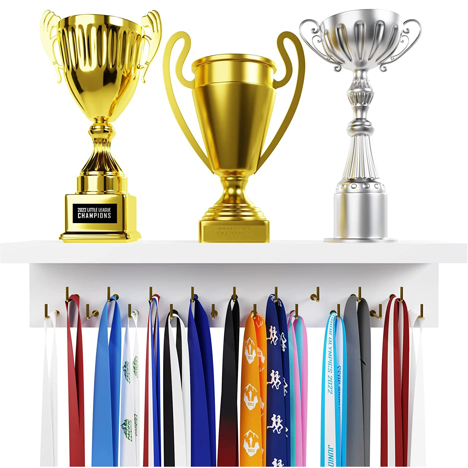 Medal Hanger Display and Trophy Shelf with Hooks - Wooden Medal Holder for Wall Mount Ribbon Display