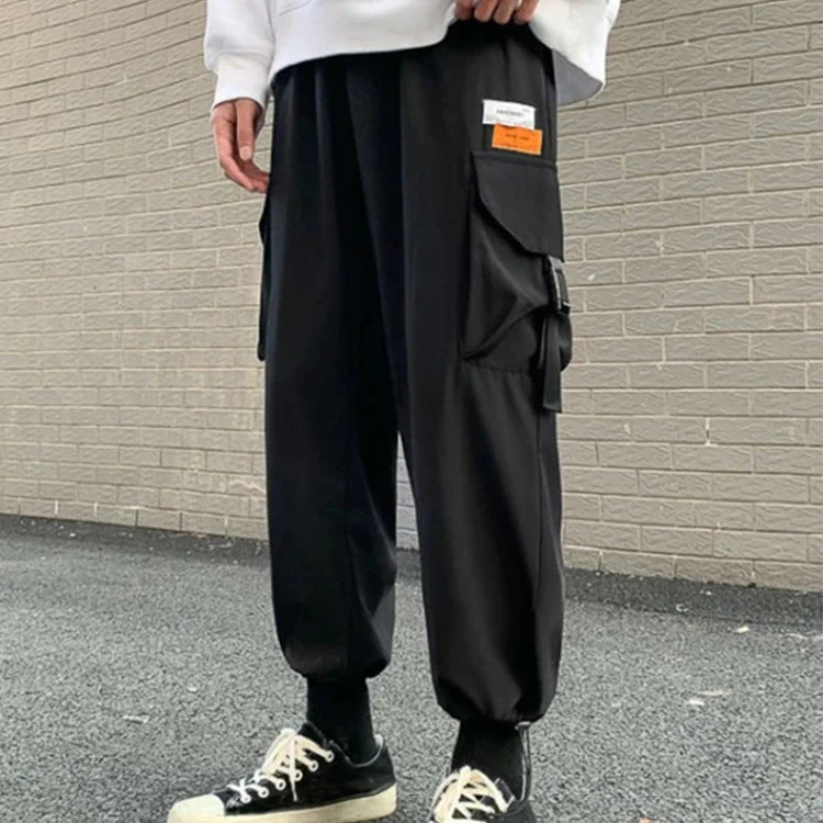 High Quality Mes Plus Size 6 Pocket Dark Color Satin Fabric Cargo Pants Winter Thick Fabric Elastic Bottom Leg Cargo Pants