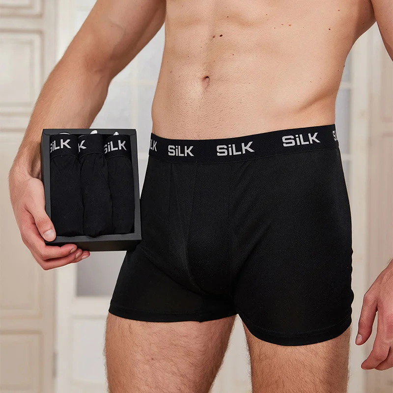 Manufacturer Direct Silk Mens Boxer Briefs One Piece Seamless Breathable Plain Color Mulberry Silk Flat Pants Underwear for Male