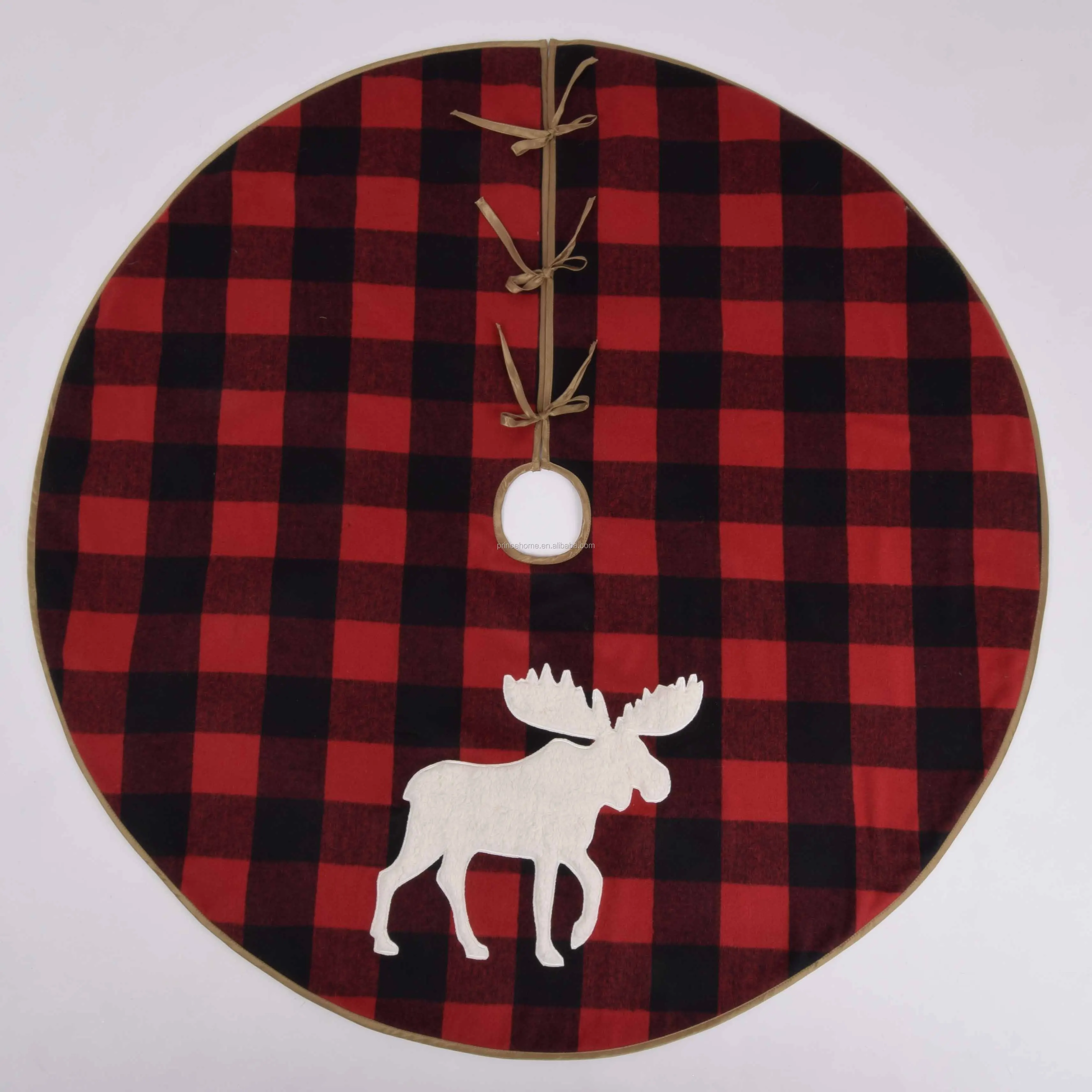 Red and Black Plaid with Sherpa Reindeer Applique Embroidery Christmas Tree Skirt 48'