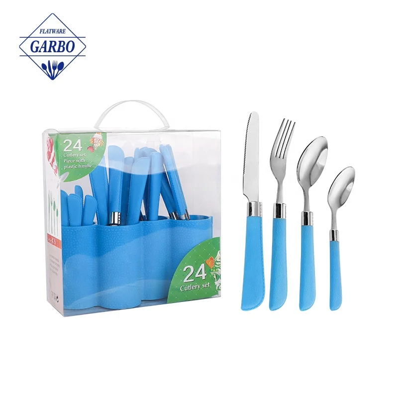 Shiny Mirror Flatware Set Blue Plastic Handle Dinner Knife Stainless Steel Silverware Set Hot Selling Modern Dinner Knife Set