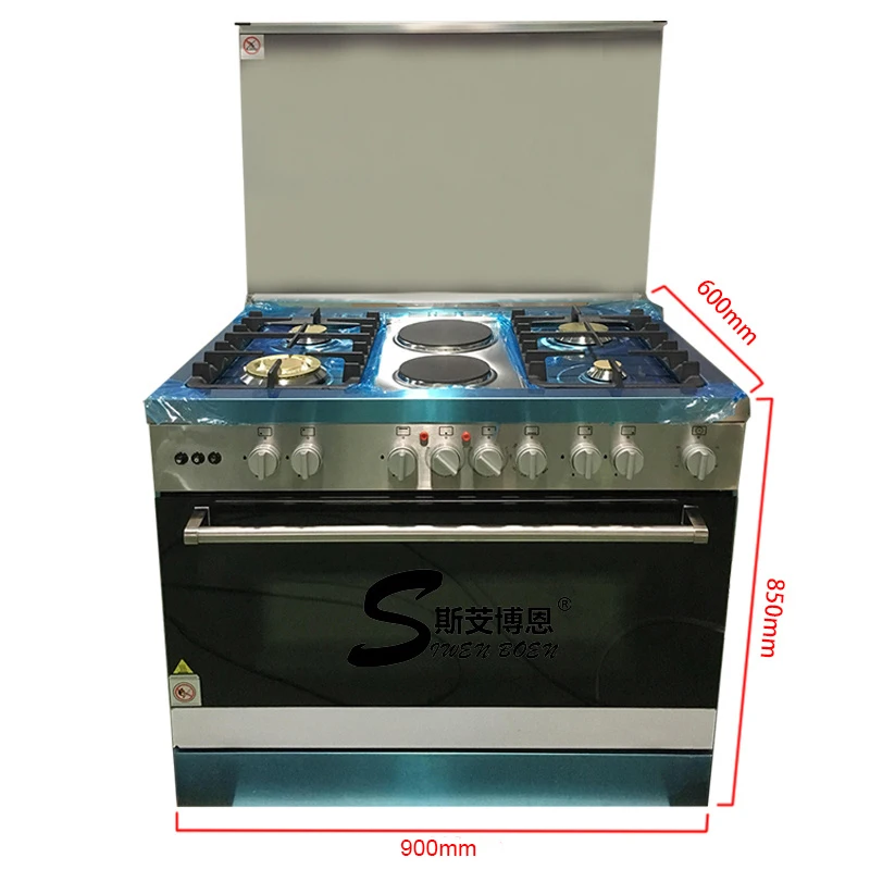 New OEM design 4 burners and 2 electronic hot plates free standing commercial kitchen gas range stove cooker with oven grill
