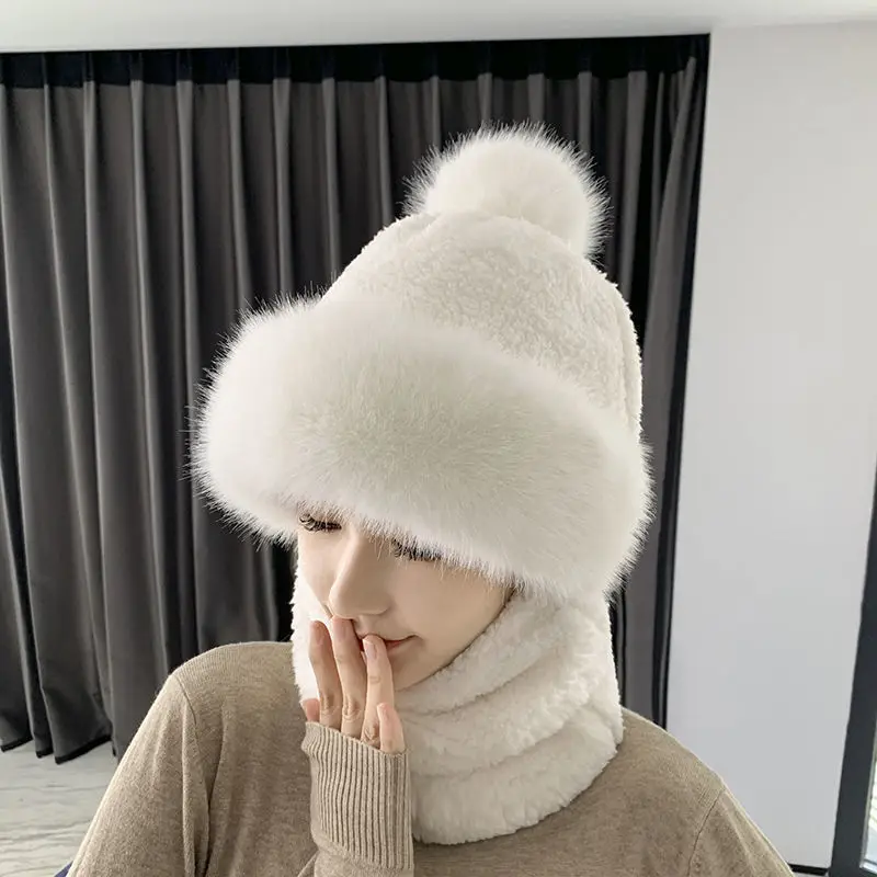 2 in 1 Knitted Hat Pompom Plush Ears Protection Pompom Beanie Winter Women Face Cover Neck Hat Gaiter Warmer Beanie Cap for Ski