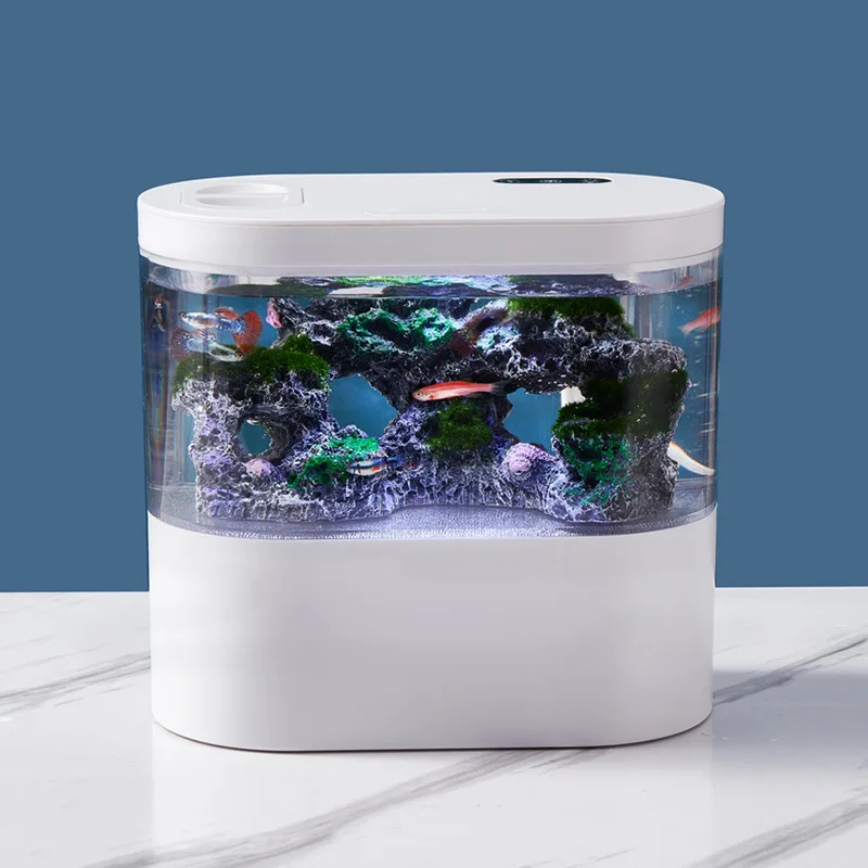 Mini Fish Tank with Filter and LED Light Aquarium Tropical Freshwater Phone & Pad Holder Hydroponic Plants Basket for Office