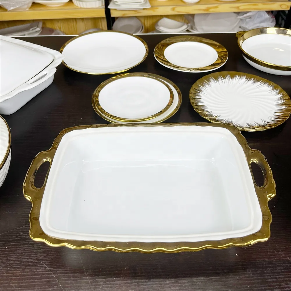 JIUWANG gold-plated Ceramic Baking Dish and Ramekins Set Casserole Dish with Handles Packaging