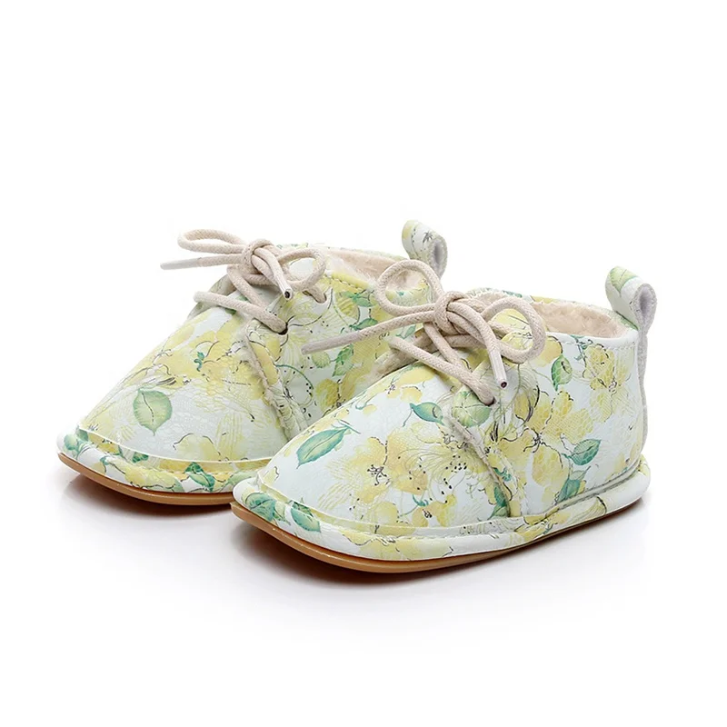 EVERTOP floral printing fluffy inner cow muscle sole PU prewalker moccasins baby winter shoes
