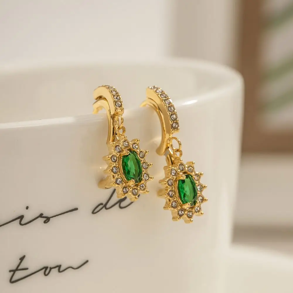 Sunflower Hoop Green Cubic Zirconia Earrings For Girls Retro 18K Gold Plated Stainless Steel Jewelry Gift
