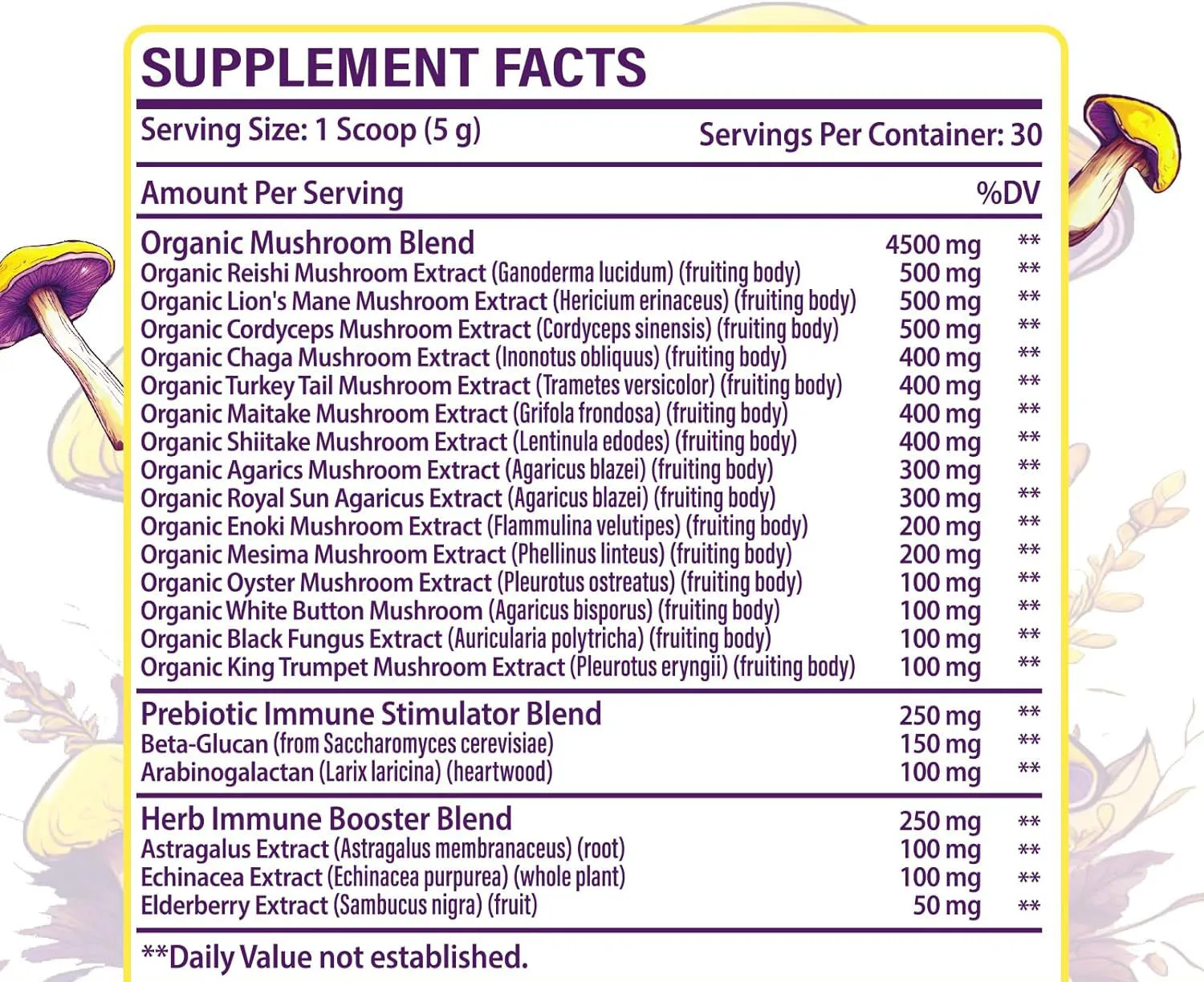Mushroom Powder 5000mg for Mushroom Coffee Lions Mane, Reishi, Cordyceps Chaga, Turkey Tail & Herbs Complex for Immunity, Energy