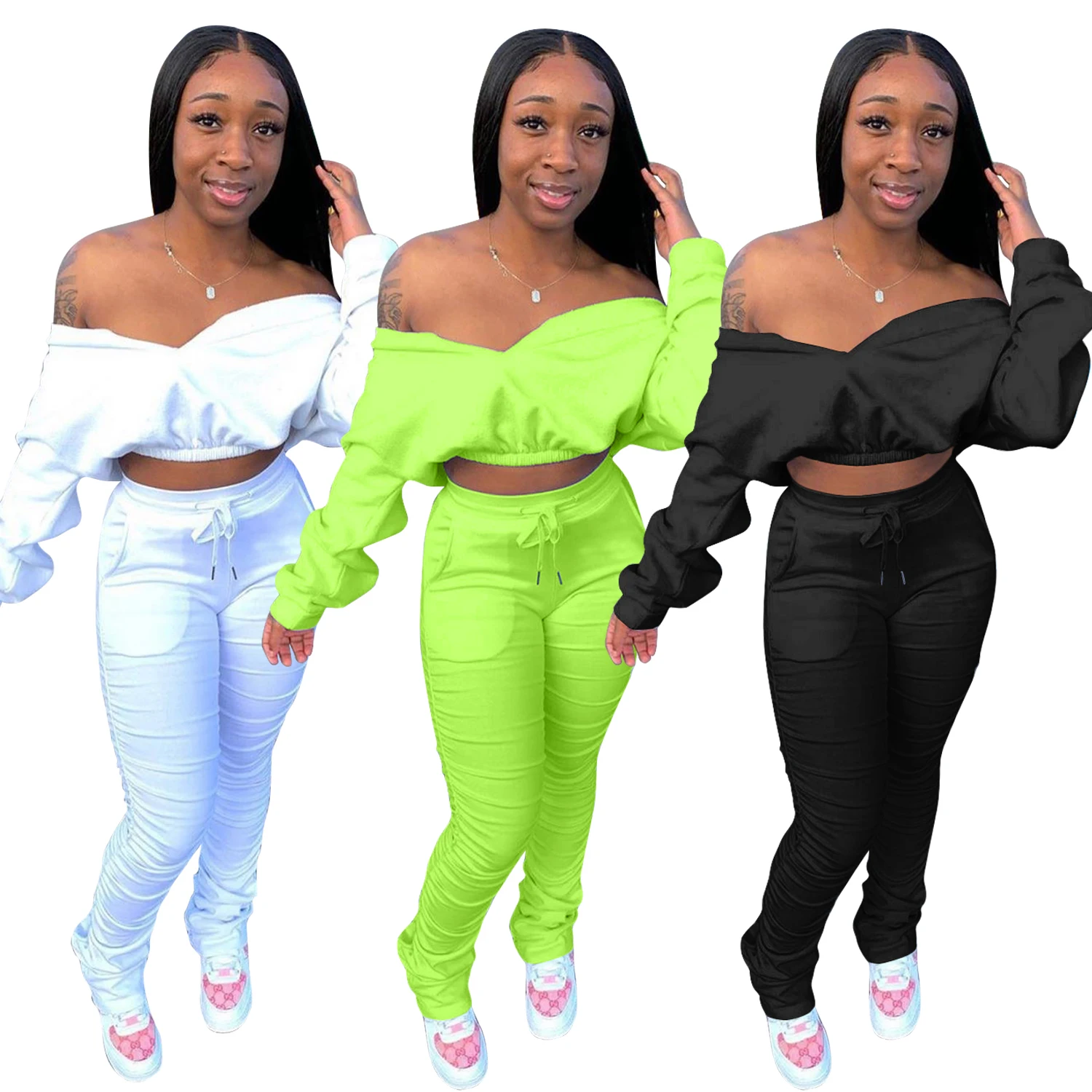 Fashion Women Outfit Leggings Sets Off Shoulder Full Sleeve Crop Top Stacked Pants Jogger Sets