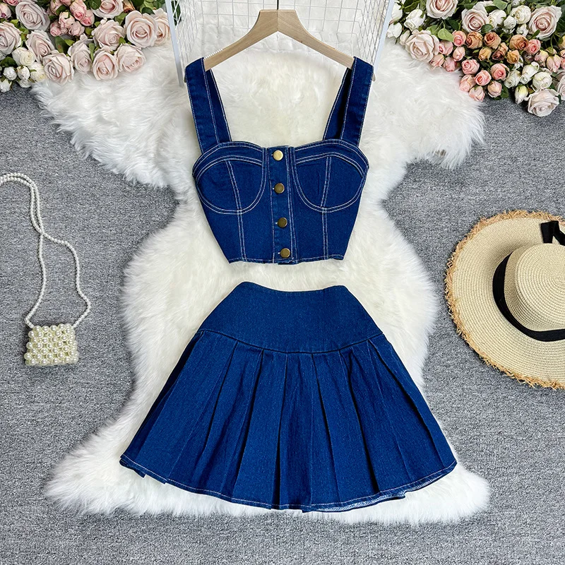 New Arrival 2024 Retro Sweet Cool Spicy Girl Style Set Short Sling Versatile Mini Skirt Trendy Cowboy Two Piece Set