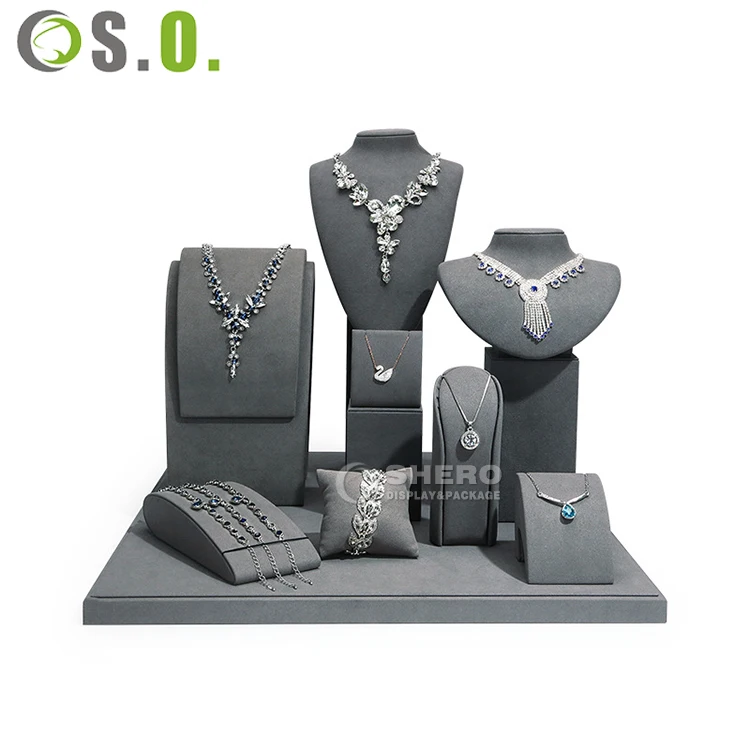 jewellery display stand customized logo metal showcase microfiber stand necklace set wooden jewelry display