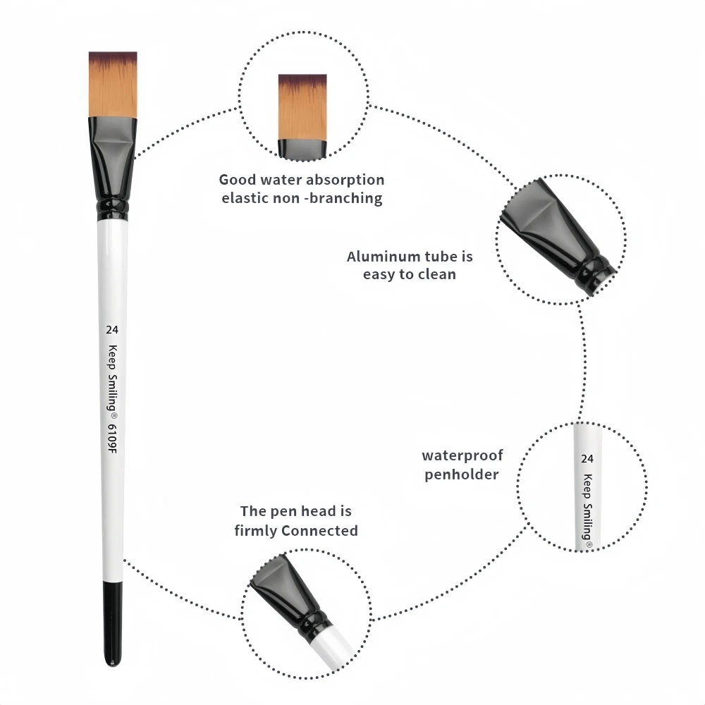 Keep Smiling 12 Pcs Pearl White Barrel Nylon Oil Flat Hair Shape With Wood Handle Artist Painting Brush