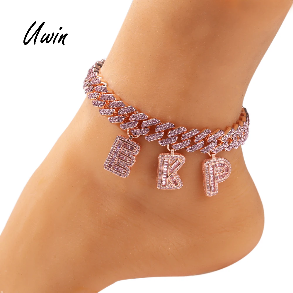 Pink Cuban Chain Pink Baguette Initial Letter Charms Anklets Women Bracelet Anklet with Letters