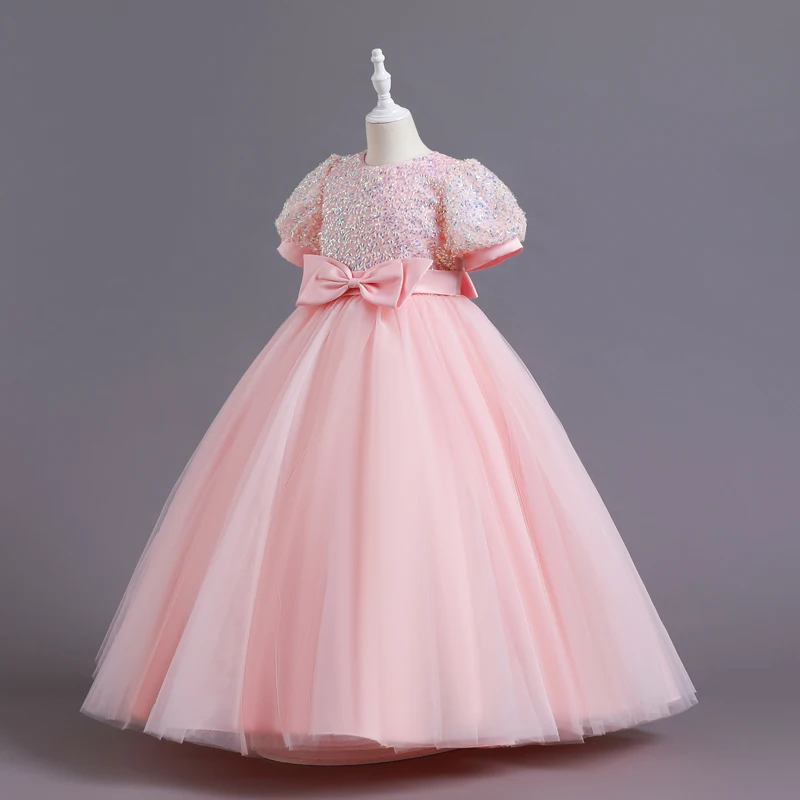 Flower Girl Cute Kids Party Dress Children Pink Beaded Wedding Party Dresses LS6068 Summer Lace Ball Gown Sleeveless Floral 2pcs